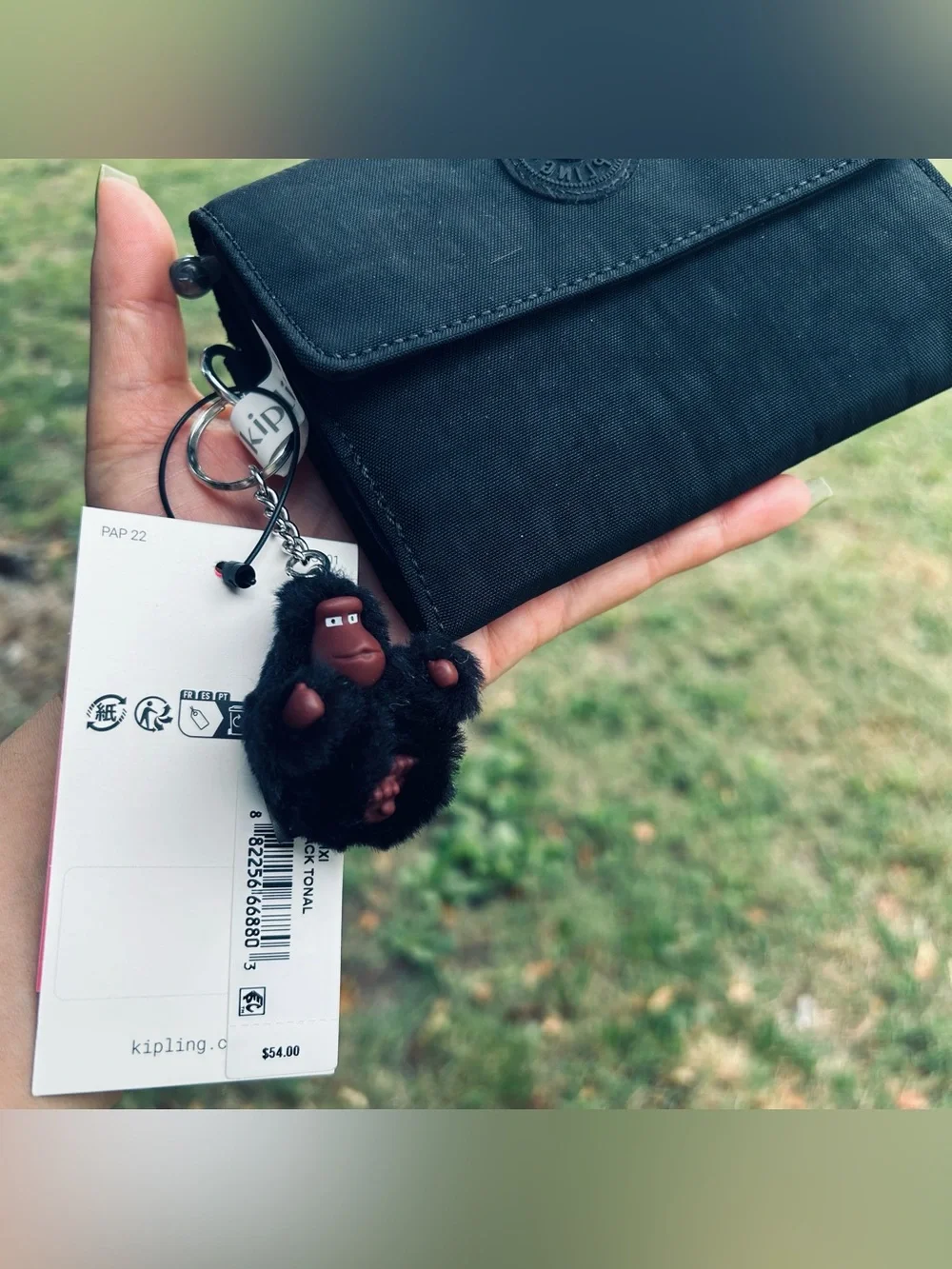 NWT Kipling Black Nylon Wallet with Monkey Charm
